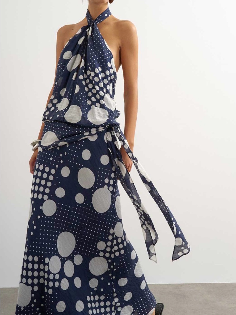 Topshop Navy and White Polka Dot Halter Maxi Dress